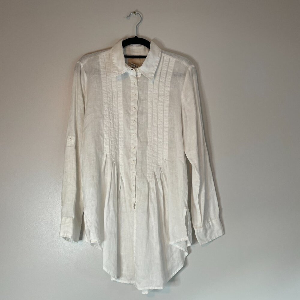Territory Ahead Long White Linen Pintuck Button Up Tunic Womens Size S Lagenlook